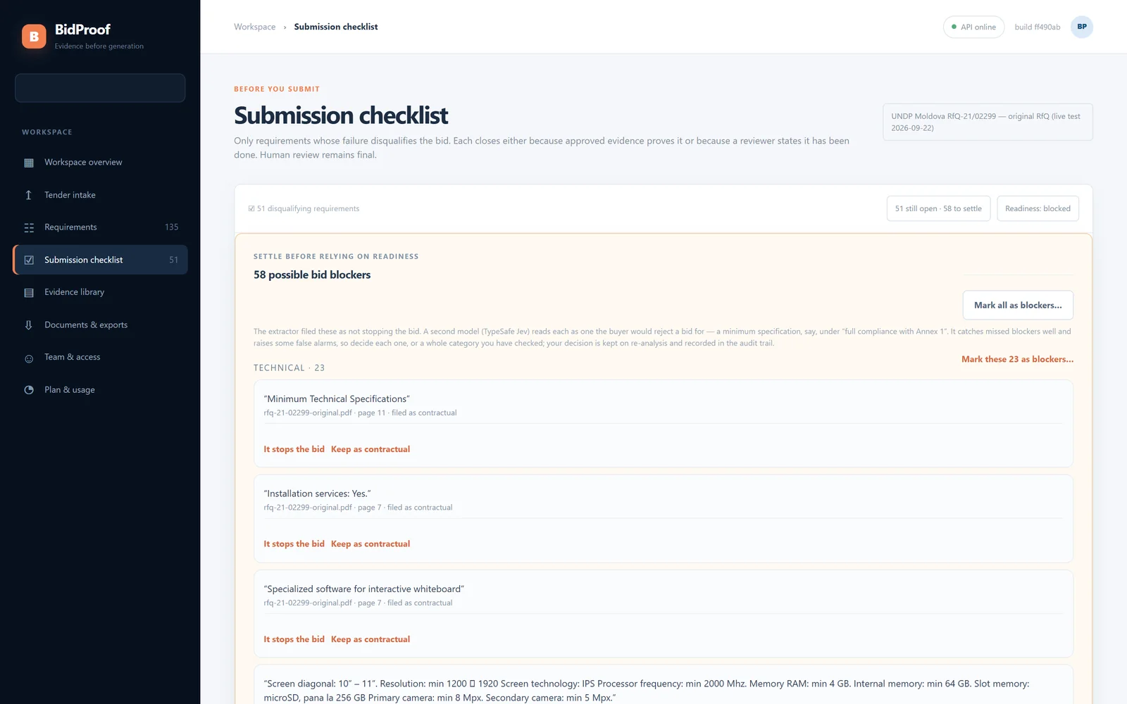 BidProof submission checklist listing disqualifying tender requirements, each quoted with its source page