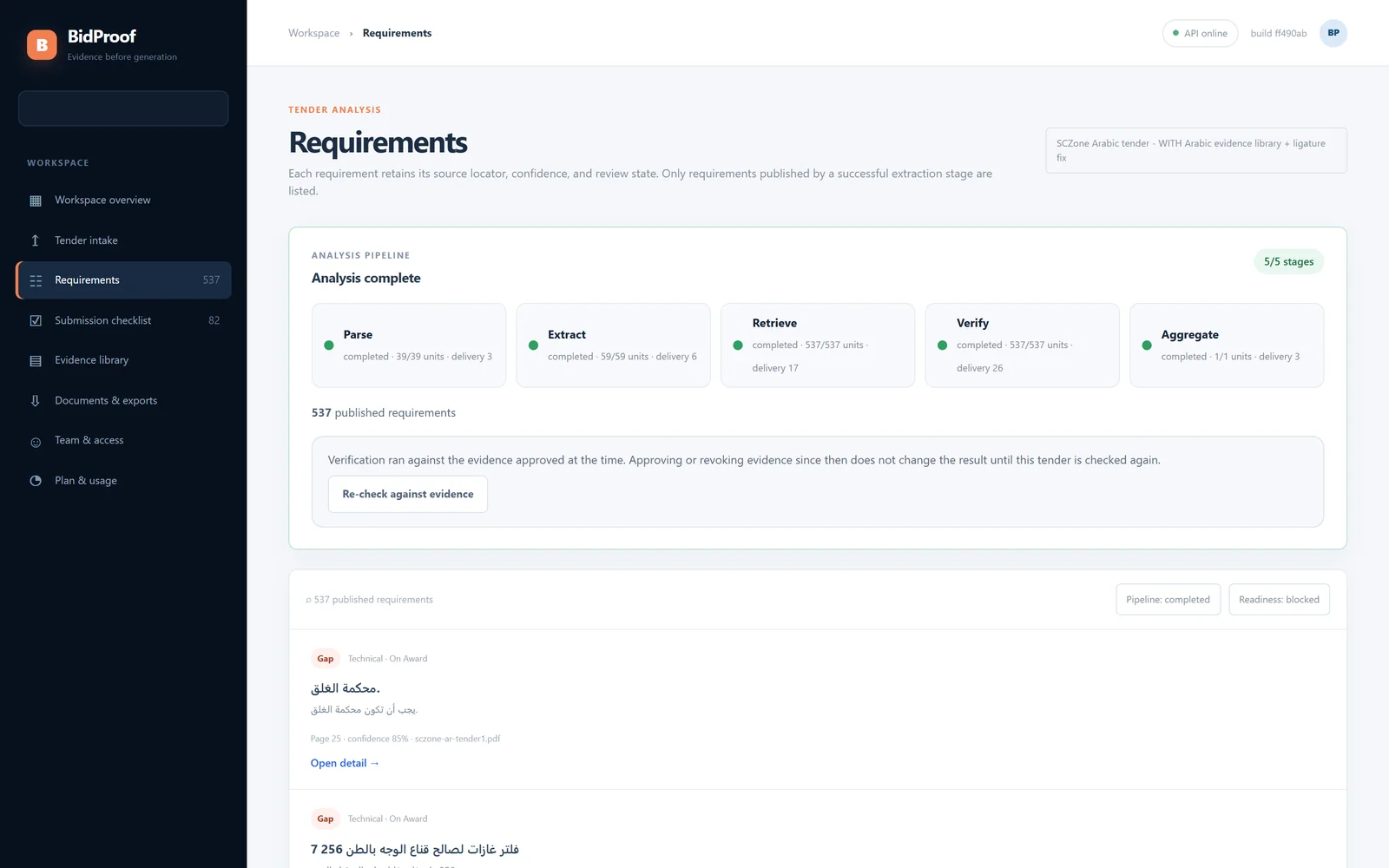 BidProof requirements view for an Arabic tender, showing verbatim Arabic quotes with page and confidence
