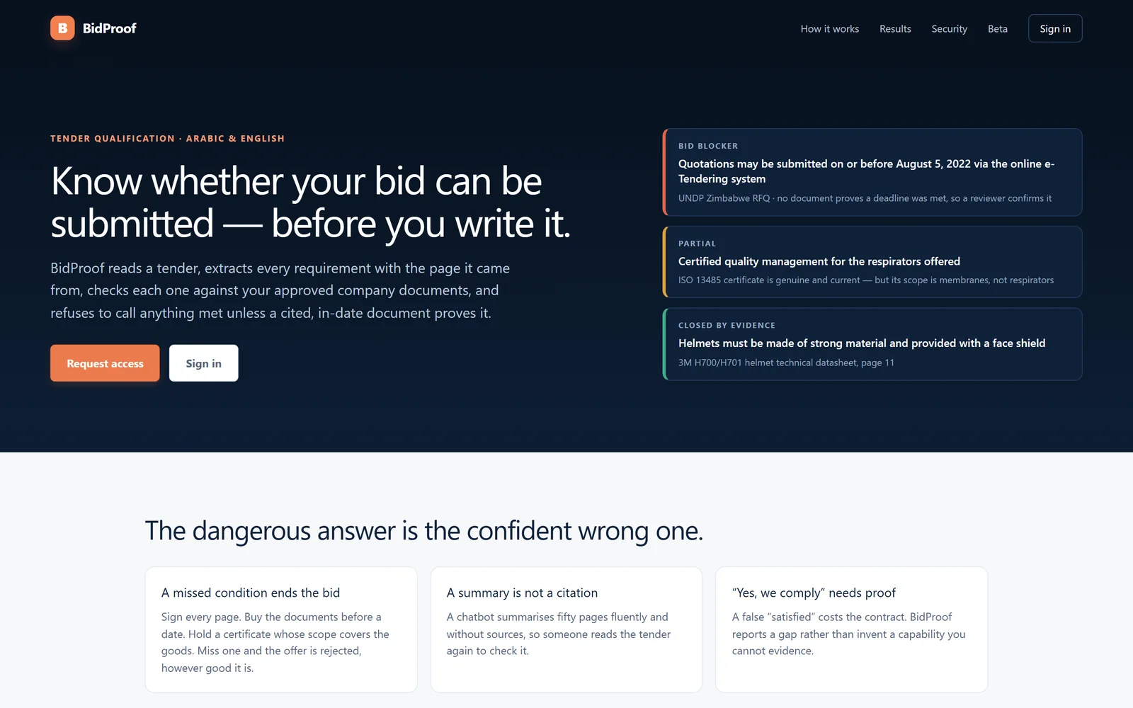 BidProof landing page explaining evidence-first tender qualification
