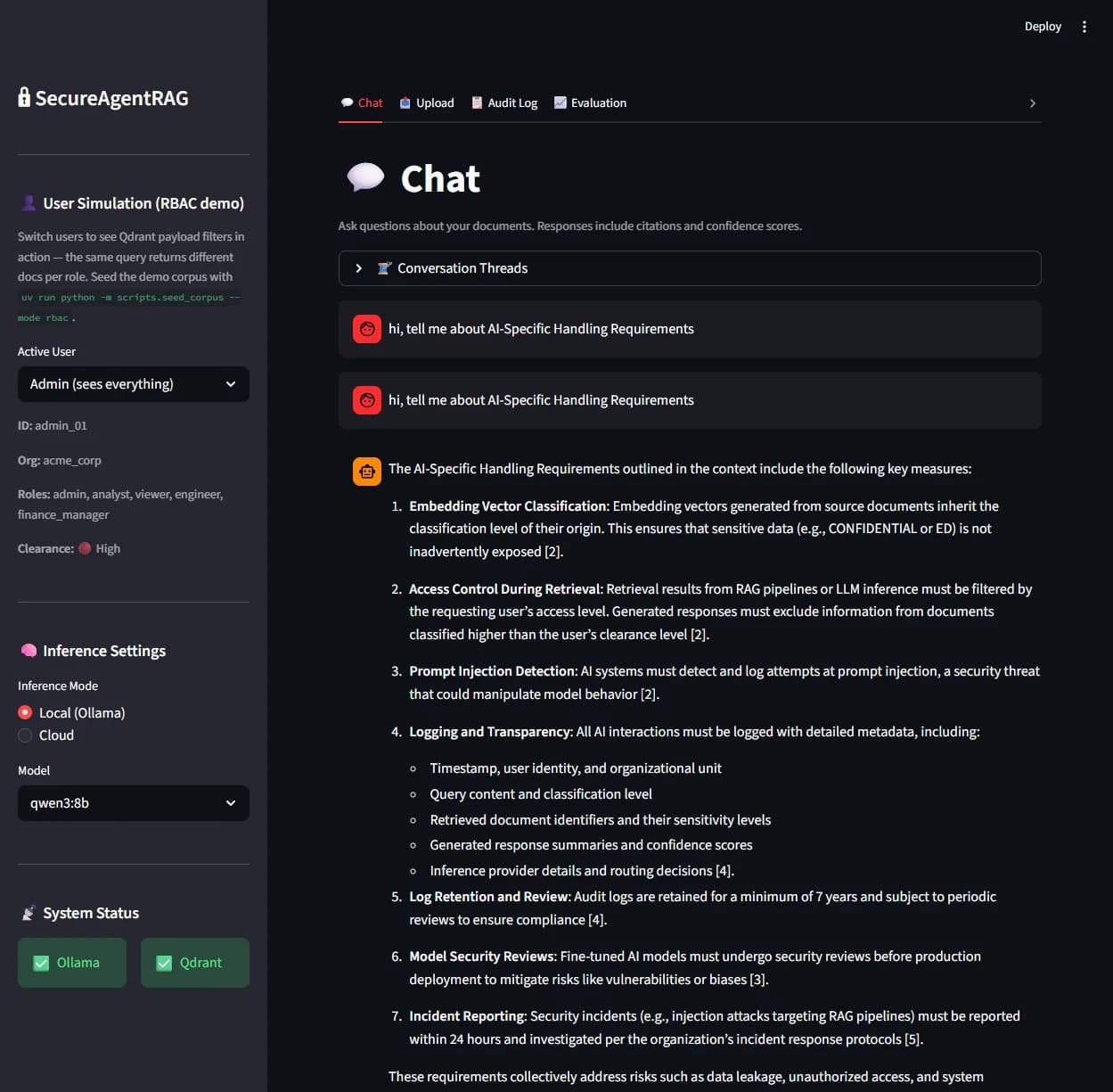 SecureAgentRAG chat answering a policy question with numbered citations to source documents